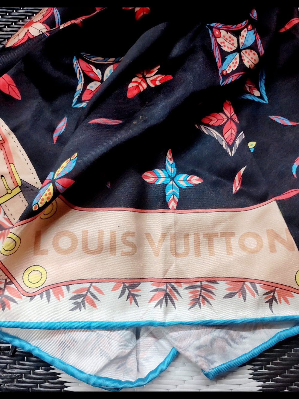 Louis Vuitton Black Scarf with Red Floral and Blue Trim - Picture 2 of 4
